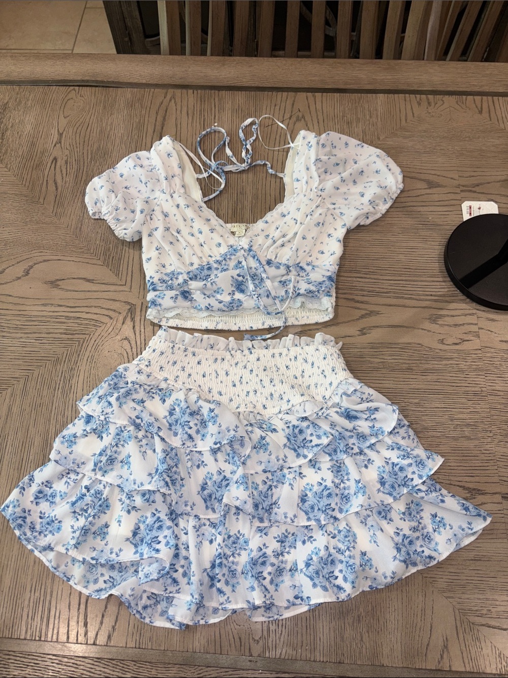 Floral Blue & White Smocked Two-Piece Dress for Girls